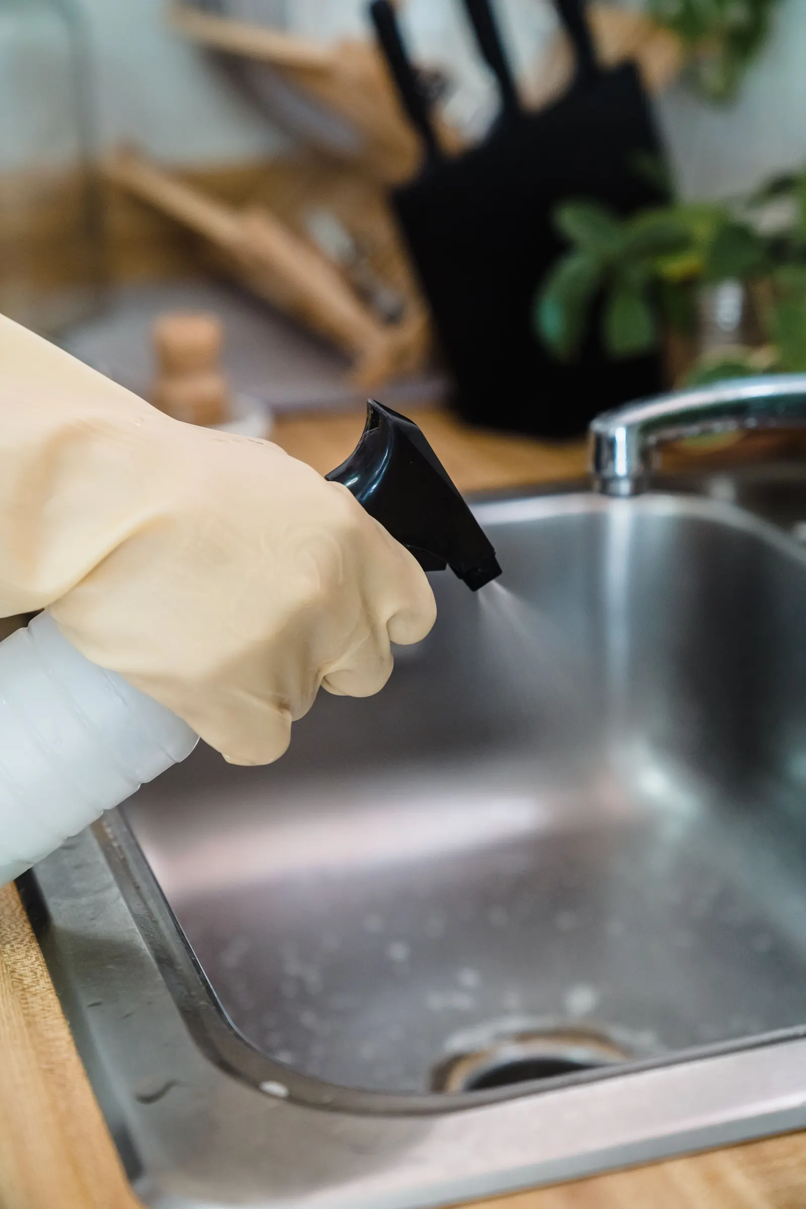 Cleaner sanitising a kitchen sink and work area