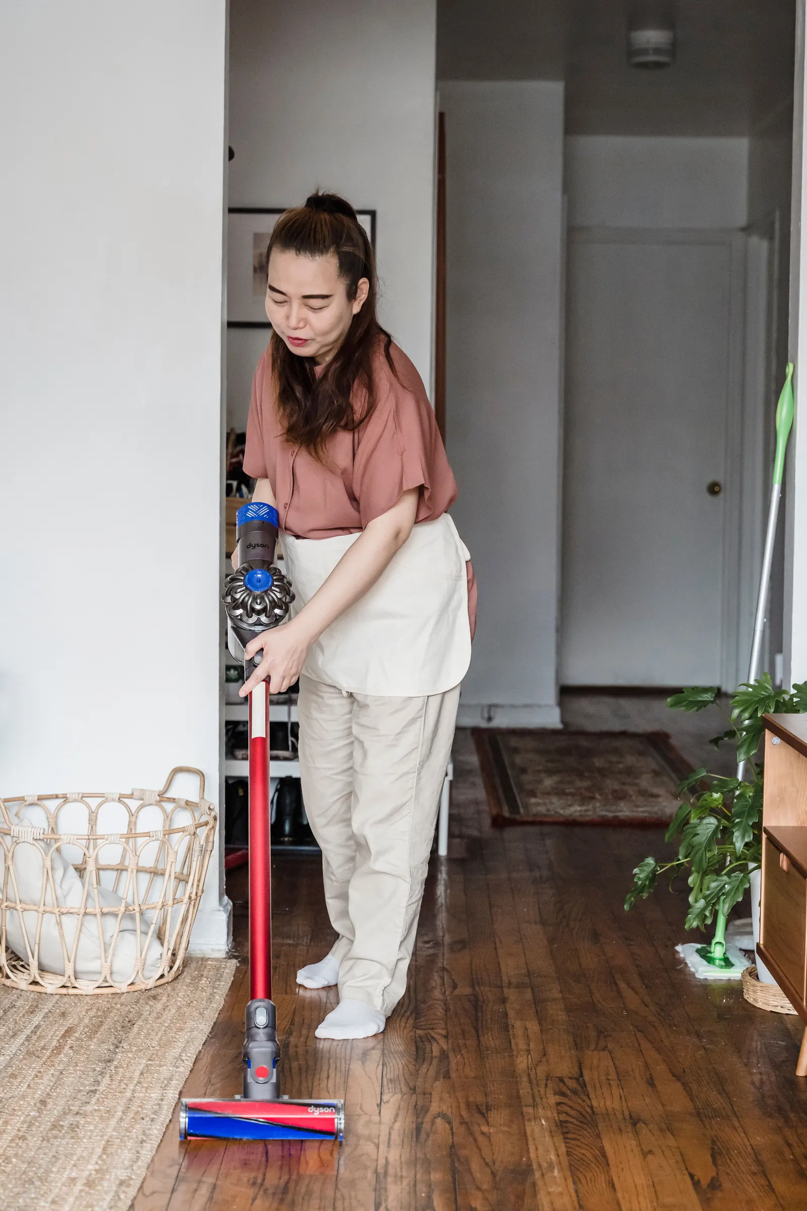 Home floor cleaning in a bright living space